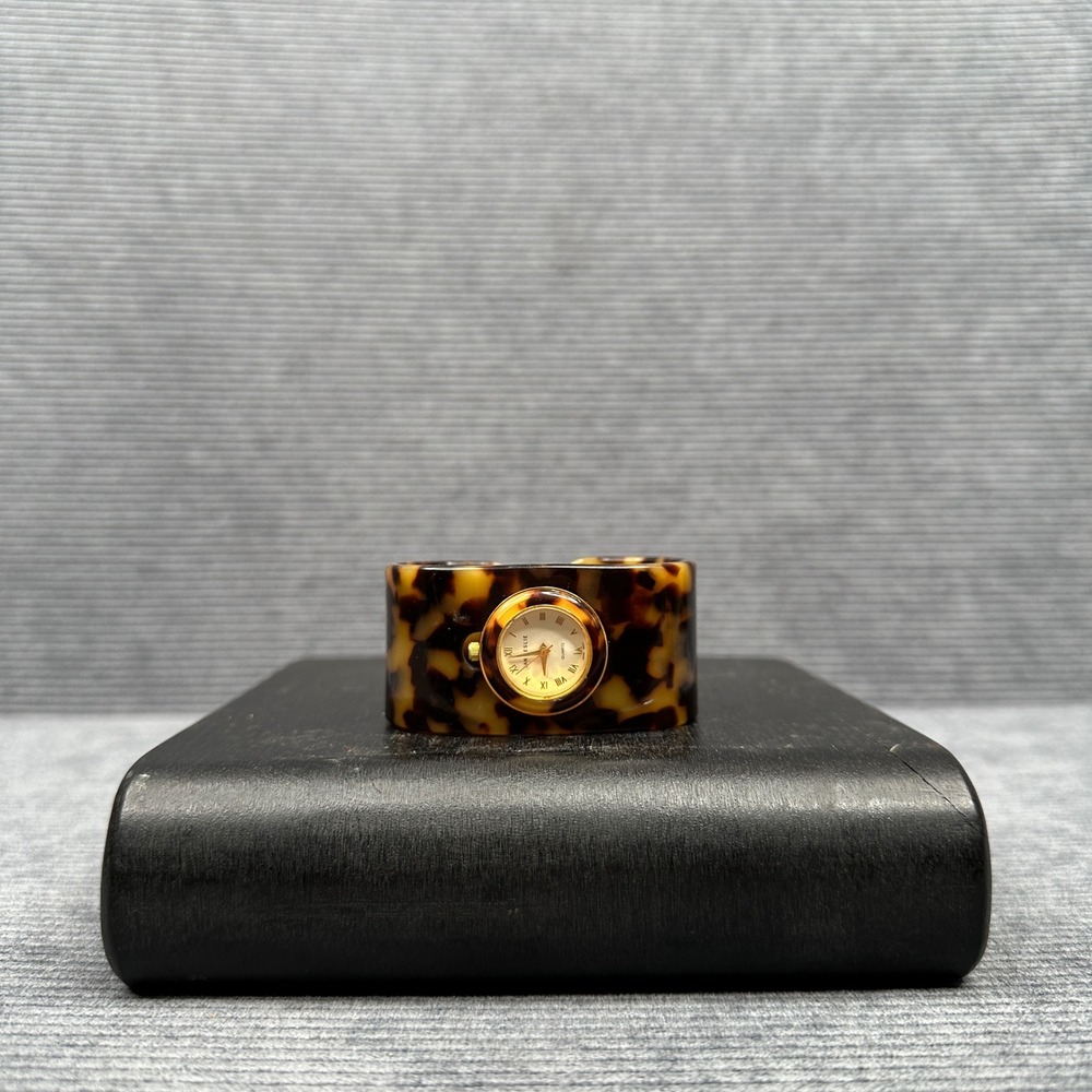 Jan Leslie Tortoiseshell Acrylic Cuff Watch Gold Tone Roman Numeral US20L